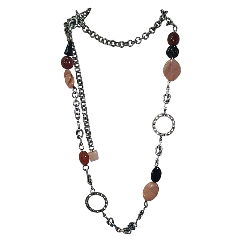 Rare Signed‎ Perigrine Necklace Silver Tone Carved Stone St Barts Artisan 36-49"